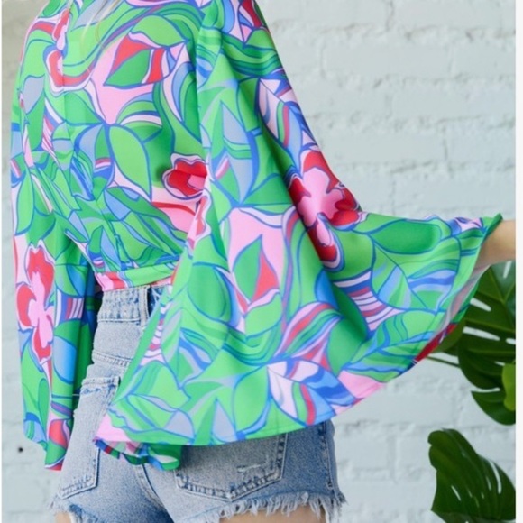 Floral Wrap Top with Bell Sleeves - Picture 5 of 14